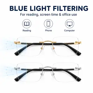 Lightweight Rimless Reading Glasses for Men Women, Blue Light Filtering Single Vision Readers for Computer & Office, Metal Frameless Glasses, Gold/Silver, +1.00 to +3.00