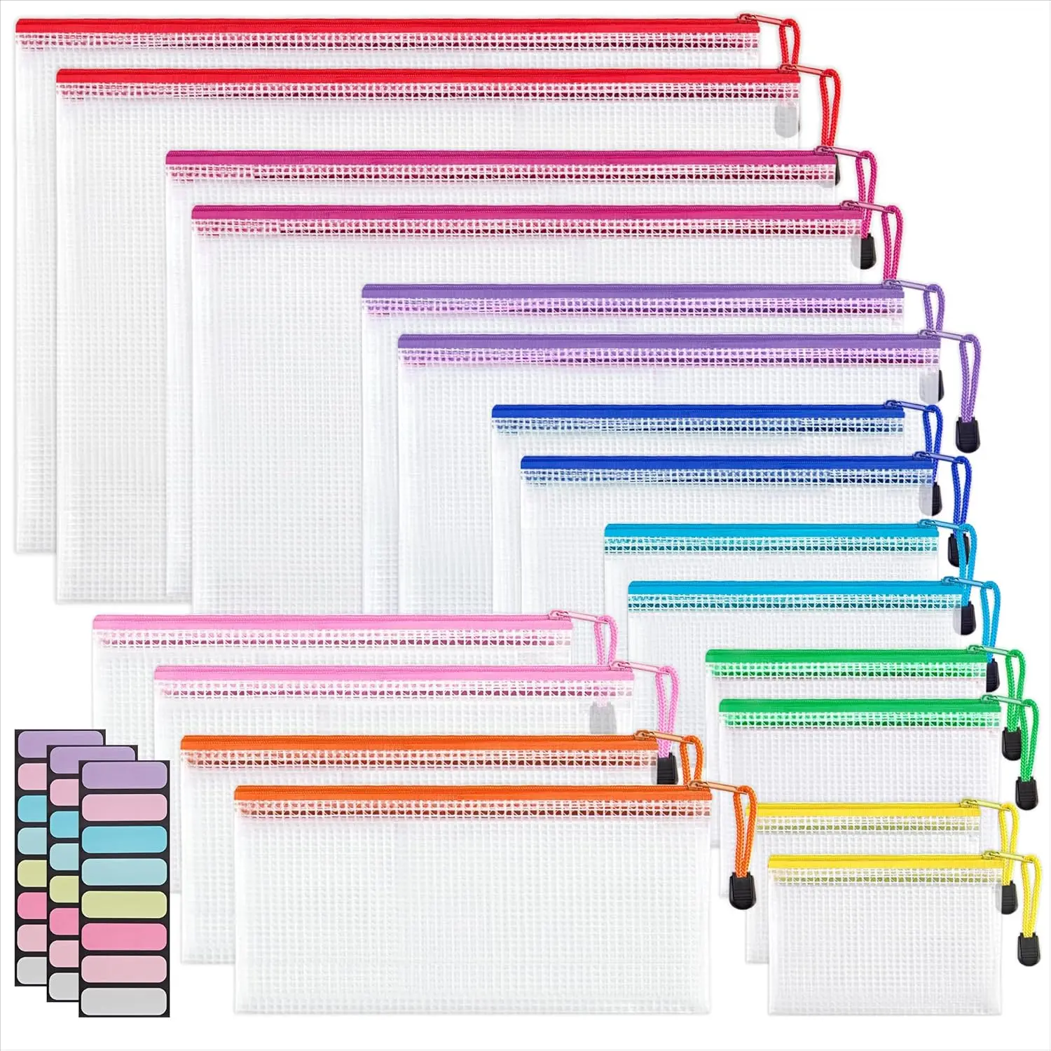 18 Pack 8 Sizes Mesh Pouch, 9 Colors, Waterproof Zipper Bags Document Multipurpose Travel Bags Office, School, Board Game, Puzzles, Cosmetics, Travel Accessories, and Home Organization