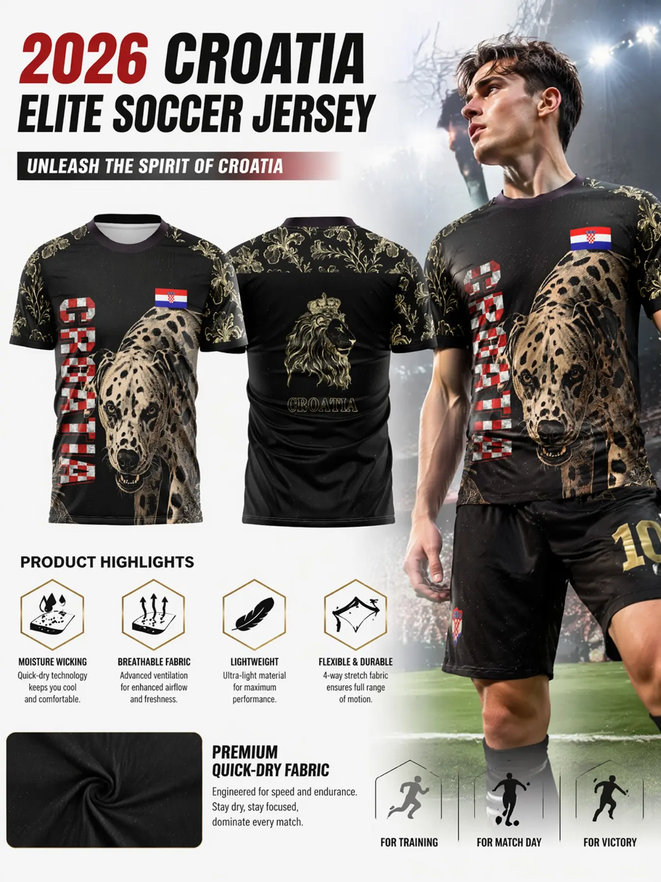 2026 Croatia Soccer Jersey Top, Gold Dalmatian Print, Royal Crown Lion Back, Quick-Dry Breathable, Unisex Adult, Patriotic Gift