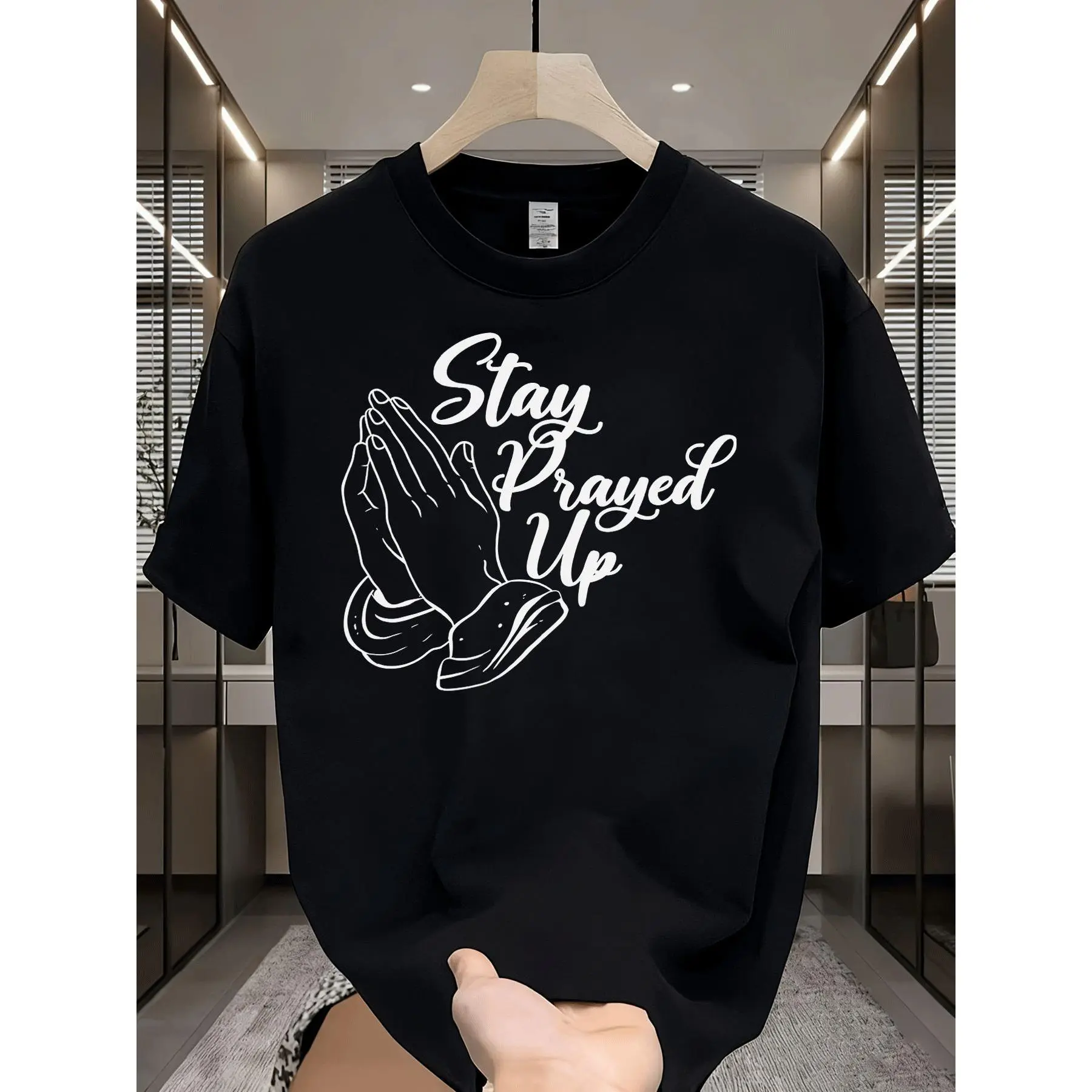 Casual T-Shirt Praying Hands Stay Prayed Up Graphic Street Style Adult Men'S Fashion Casual Wear, Round Neck Casual Streetwear, Holiday Shirt, Unisex Fit, Practical Design