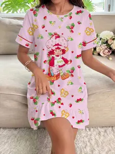 Strawberry Print Women's Nightdress, Round Neck Short Sleeve, Comfortable Loose Fit, Chic Elegant Cartoon Pattern, All-Season Sleepwear Loungewear