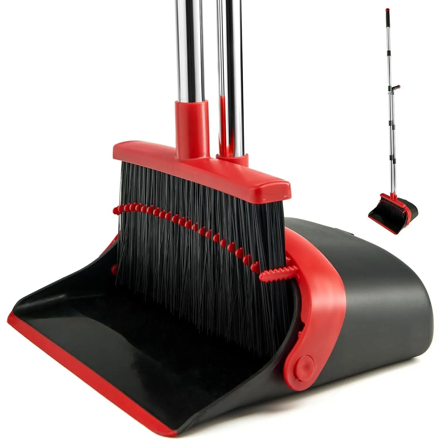 Broom and Dustpan Set for Home, Broom with Dustpan Cleaning Teeth Combo Set, Indoor Sweep Broom with Long Handle for Office Home Kitchen Lobby Floor (Black Red)