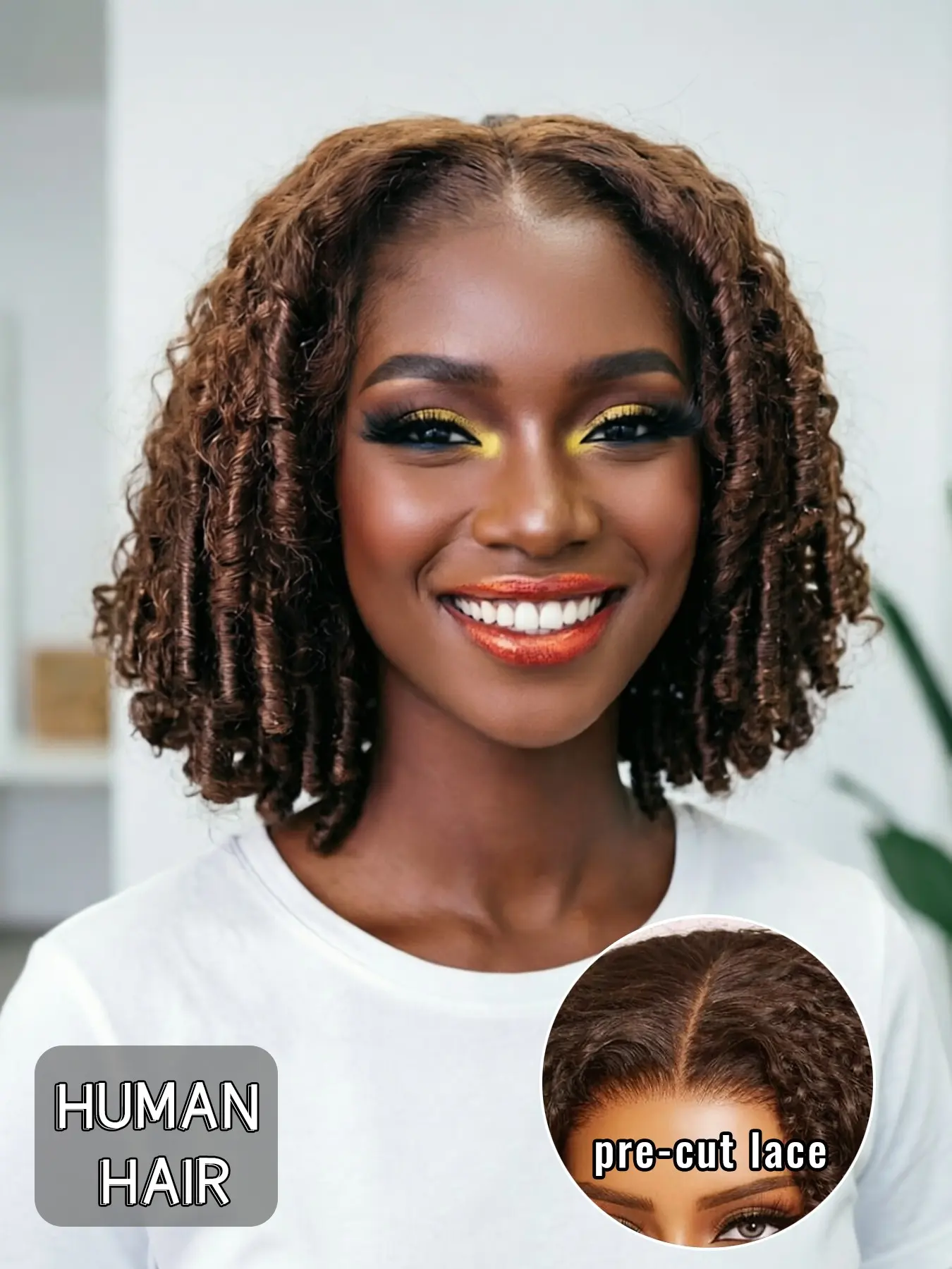 Human Hair 5x5 Glueless Lace Closure Pixie Curly Wig, Trendy Short Curl Bob Style , Color Choices in Brown and Burgundy, Textured Curly Ends, Natural Looking Part, Effortless Styling for Women