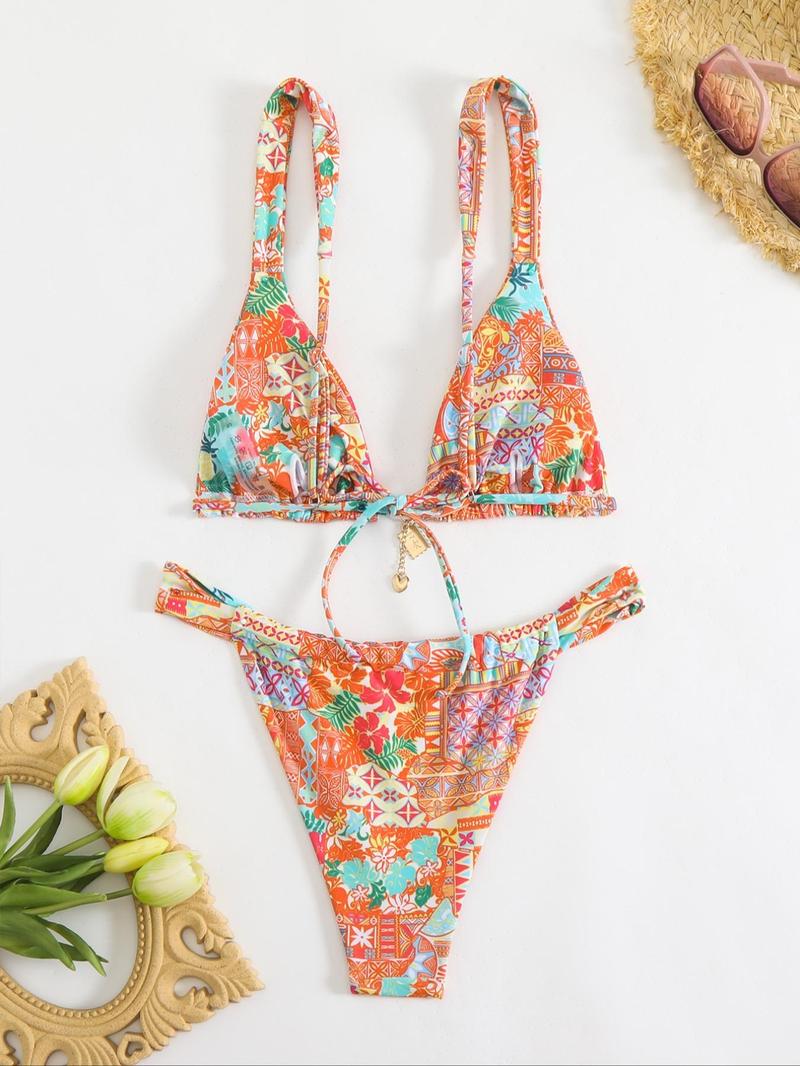 Women's Floral Bikini Set, Sexy Triangle Two-Piece Swimsuit, Sleeveless Party Style, All-Season Wear, Tie Back Design Women's Floral Bikini Set, Sexy Triangle Two-Piece Swimsuit, Sleeveless Party Style, All-Season Wear, Tie Back Design