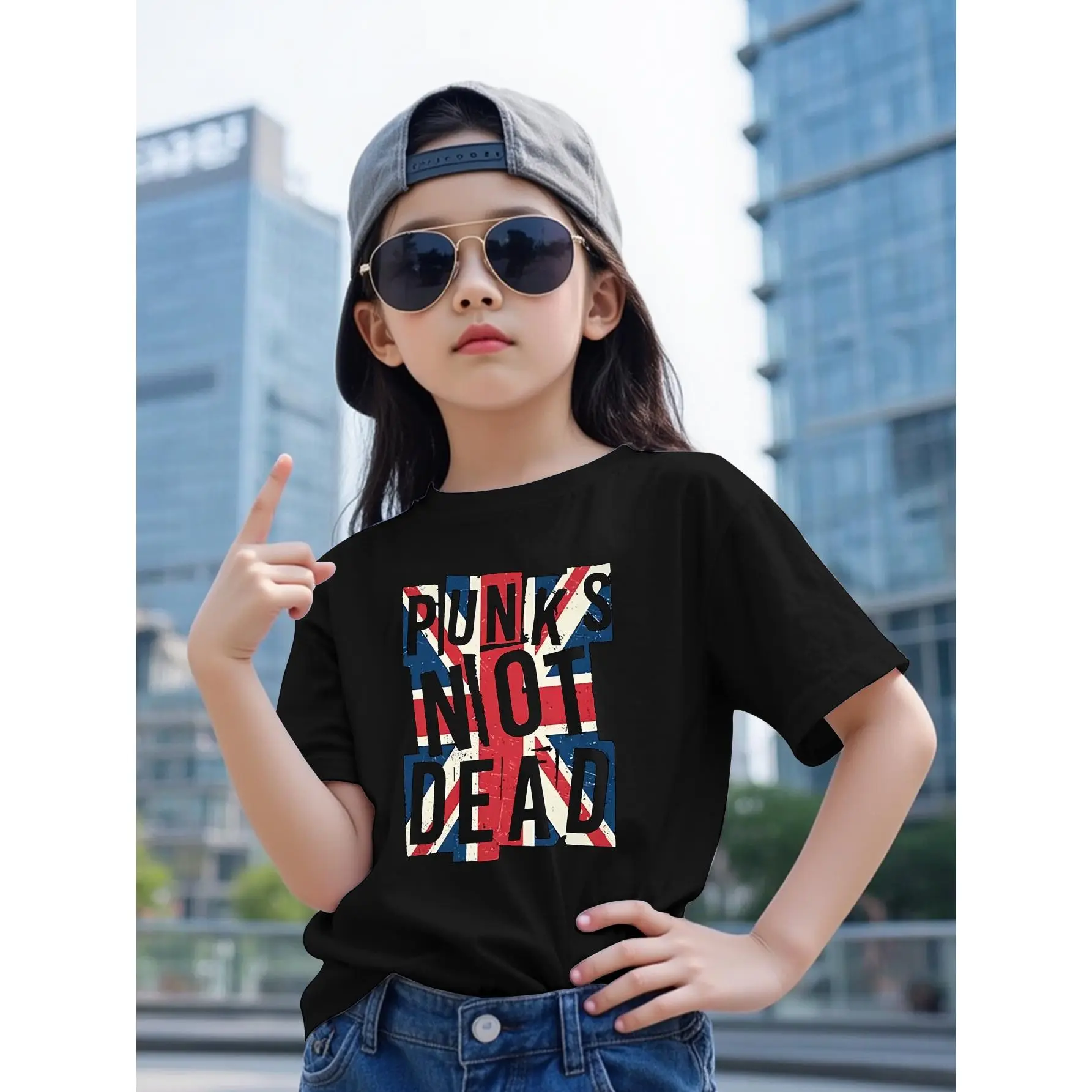 Punk RevivalT-Shirt for Girls - "Runks Not Dead" Graphic Print, Casual Short Sleeve Round Neck Top, Stretchy Knit Fabric, Summer Fashion, Machine Washable, Everyday Tshirt |   Punk Style Shirt |   Knit Construction, Punk Band T Shirt(3Y-13Y)