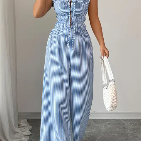 Women's Summer Casual Striped Sleeveless Loose Wide Leg Daily Wear Jumpsuit, Casual Fashion Jumpsuit, Comfortable and Stylish Jumpsuit, Perfect for Warm Weather