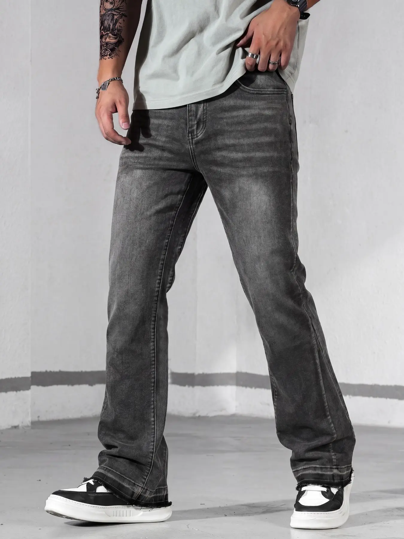Men's Retro Cat Whisker Washed Slim Fit Micro Flare Jeans, 3D Patchwork Design, American Streetwear Layered Denim Leggings