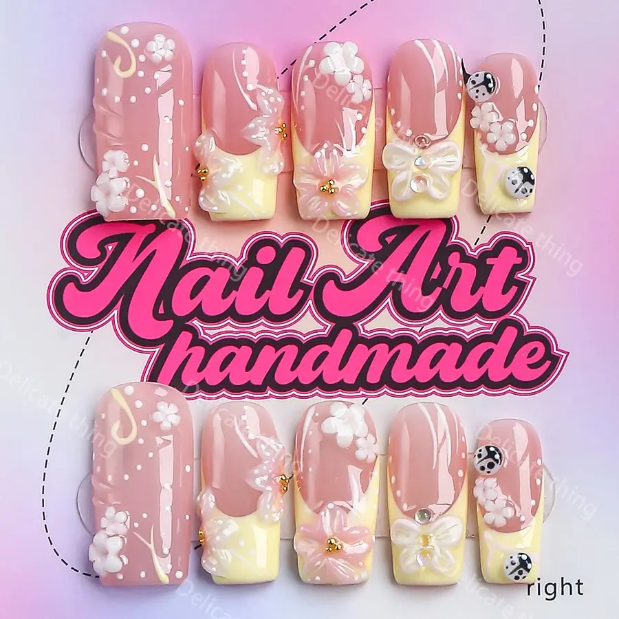 2.5 Inch Square Press-On Nails, Fake Nails, Decorative Nails, 10pcs Y2K Style, Handmade, XS-S-M-L Sizes, Perfect for Parties, Includes Jelly Glue, Crystal Stick, File