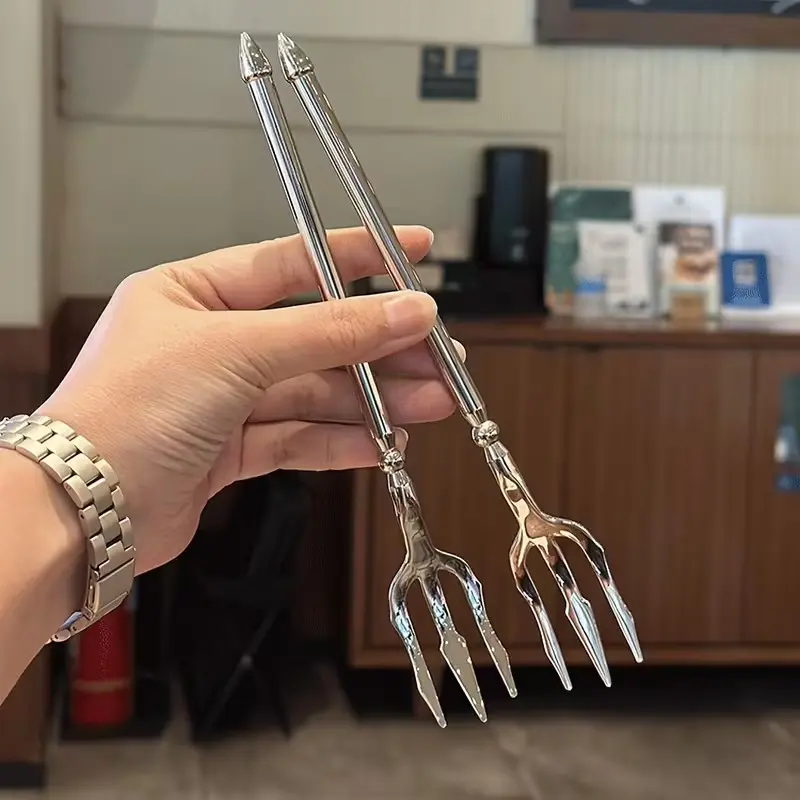 2Pcs, Stainless Steel Creative Two-tone Dessert Fork, Salad Fork, Fruit Fork, Pasta Fork, Long-handled Polished Neptune Trident, Silvery Golden Fork