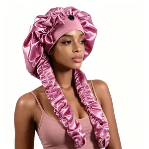 Viral Long Tie Satin Bonnet With Bow Button Adjustable Anti Frizz Hair Wrap For Braids Locs Long Hair Night Sleep Hair Protection Cap