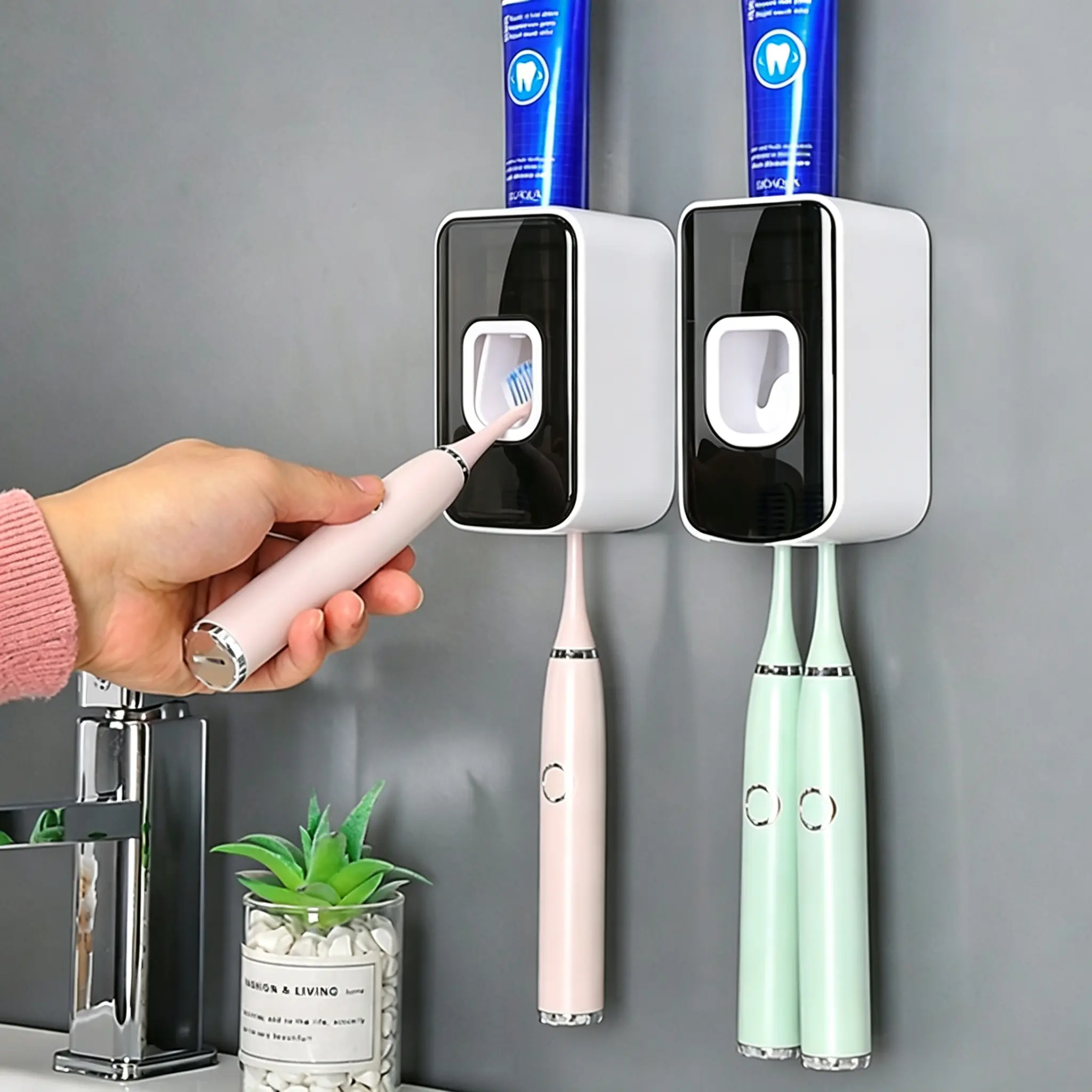 2 in 1 Tooth Brush Toothpaste Organizer for Shower,Plastic Toothbrush Holder and Toothpaste Dispenser Wall Mounted, Automatic Toothpaste Squeezer,