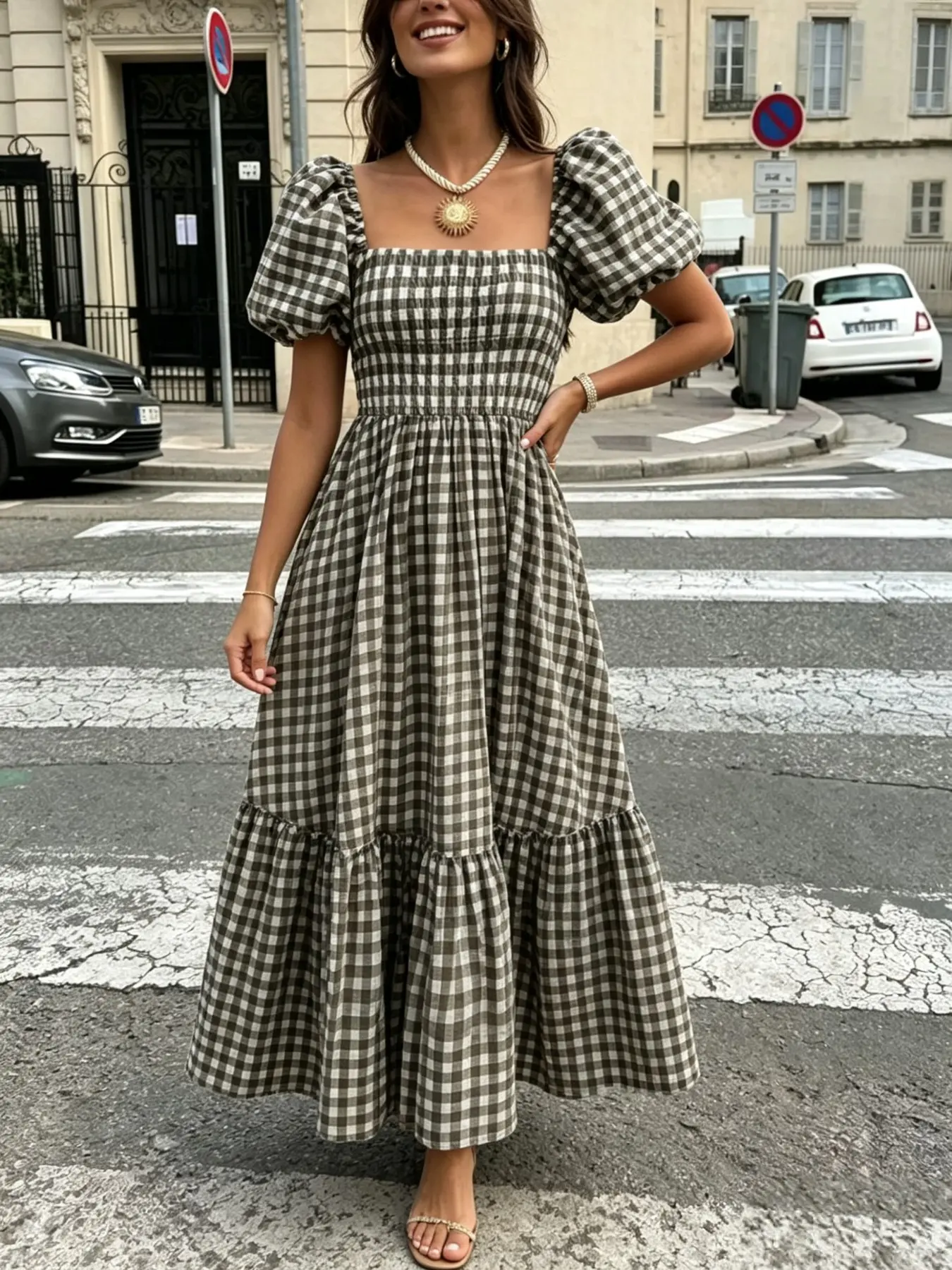 Elegant Plaid Ruffle Hem Boho Casual Dress for Women, Perfect for Leisure, Dates, Vacations, Coffee Color