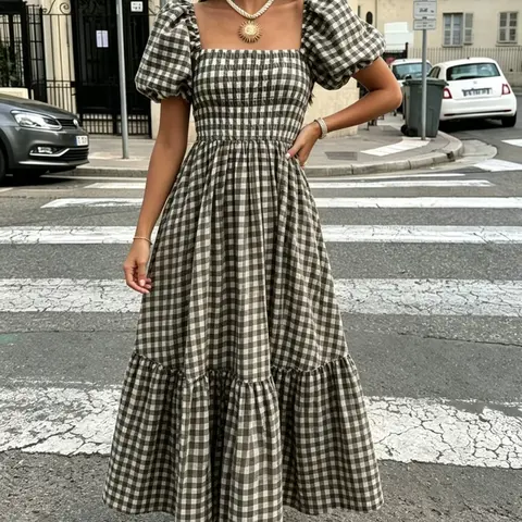 Elegant Plaid Hem Boho Summer Holiday Feminine Casual Dress for Women, Perfect for Leisure, Dates, Vacations, Coffee Color