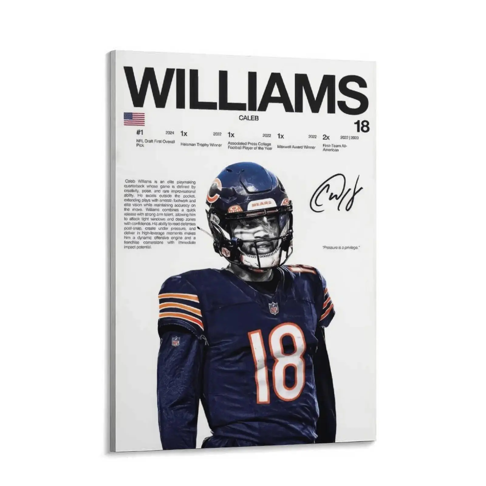Caleb Williams Chicago Bears Canvas Print Wall Art - NFL Rookie Quarterback Artwork, Heisman Trophy Winner Sports Poster, Football Fan Collectible Decor, Living Room, Office, Man Cave Decoration Gift