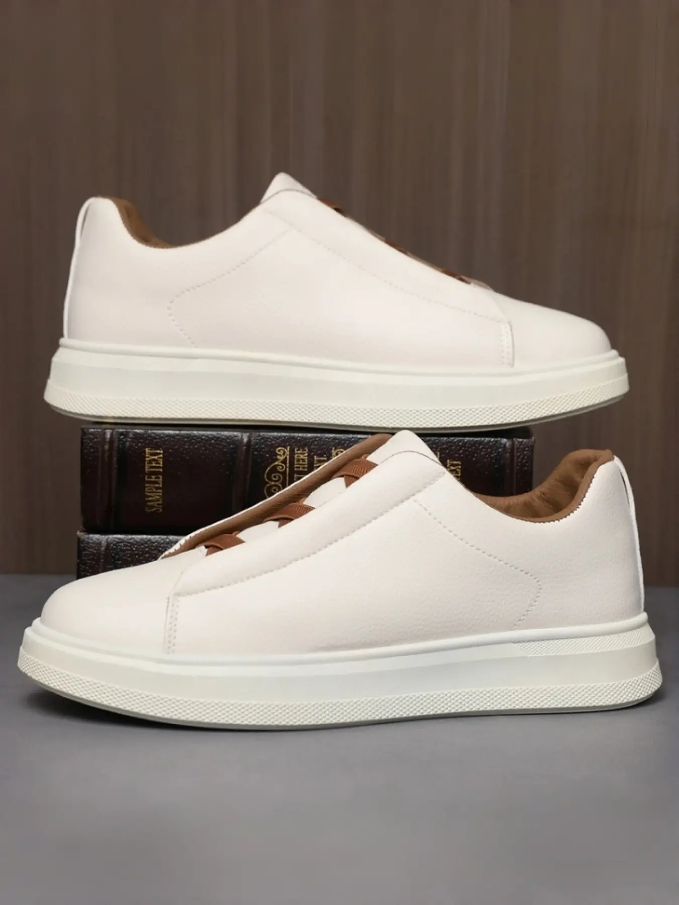 Minimalist men's laceless sneakers. Smooth leather upper with elastic design, durable grippy sole, great for work, casual meetings and daily wear.