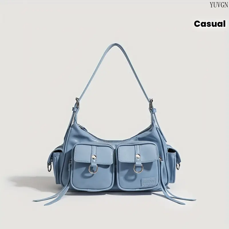 Soft Cargo Shoulder Bag for Women, Casual Street Style Underarm Purse with Multiple Pockets and Tassel Accents, Cargo Bag, Fashion Bags, Daily Commuter Bag