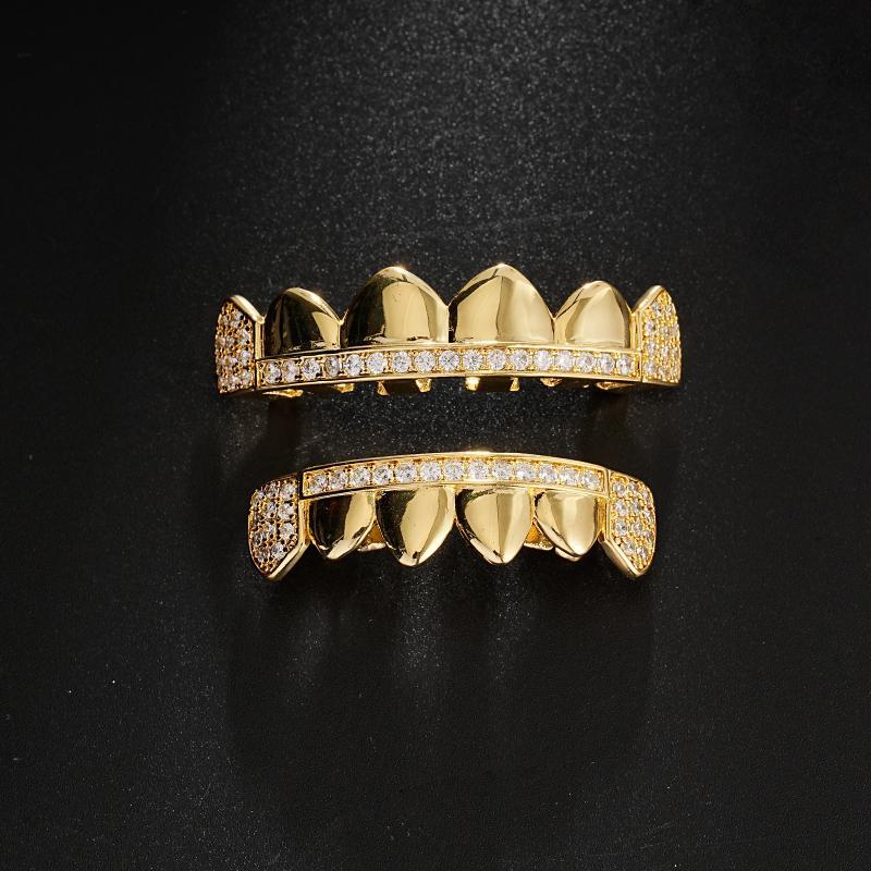 Iced Out CZ Mens Teeth Grills 2pcs Set - Golden Color Plated Grillz for Men - Fashionable & Eye-Catching - Perfect Gift for Hip-Hop Lovers Oral
