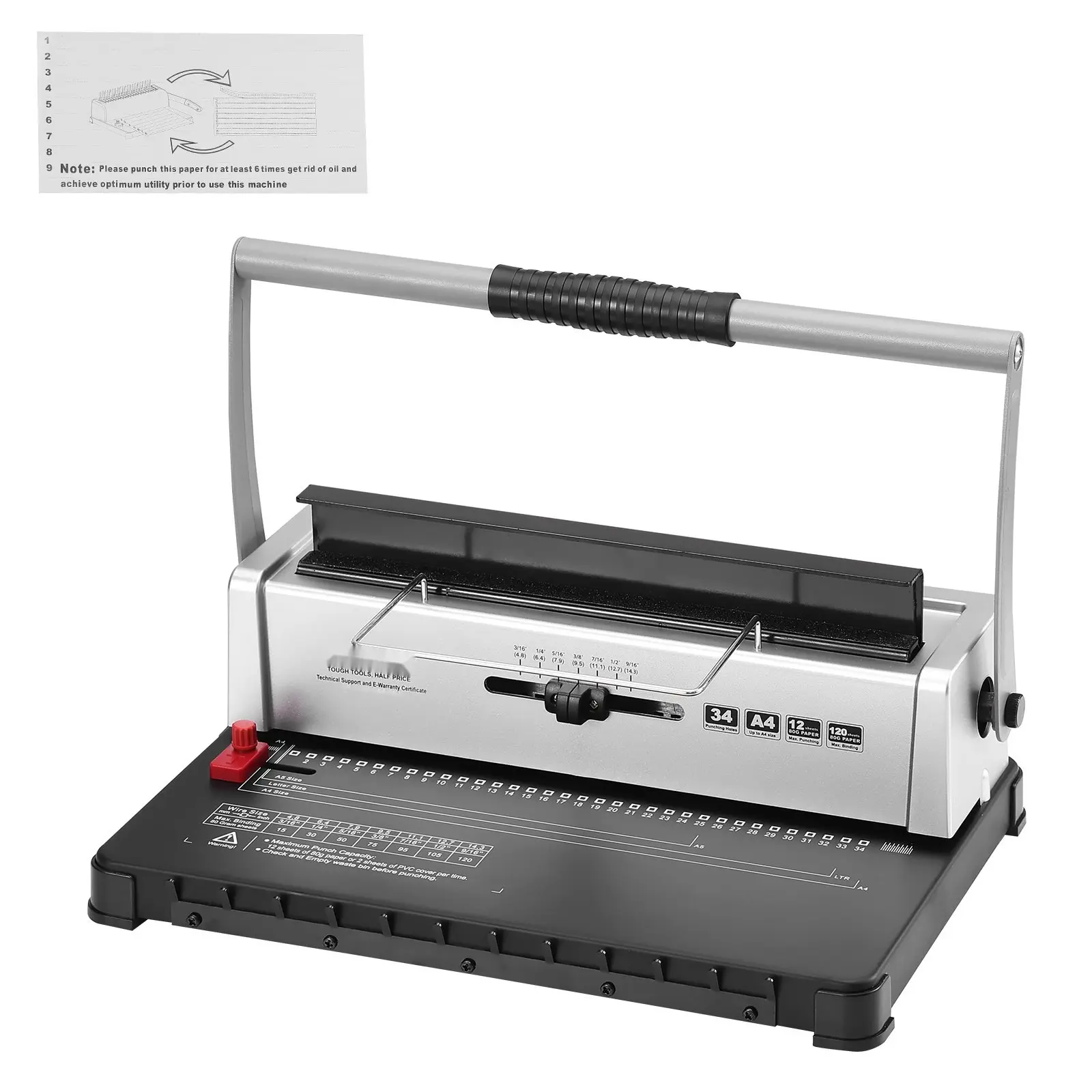 Coil Binding Machine For Spiral Bindings, Manual Book Binder, 34-Hole, 120-Sheet Capacity, Adjustable 3/16–9/16 Inch Coil Spines, Side Margin, Punch Binder, Compatible With Letter, A4, A5 Paper Sizes