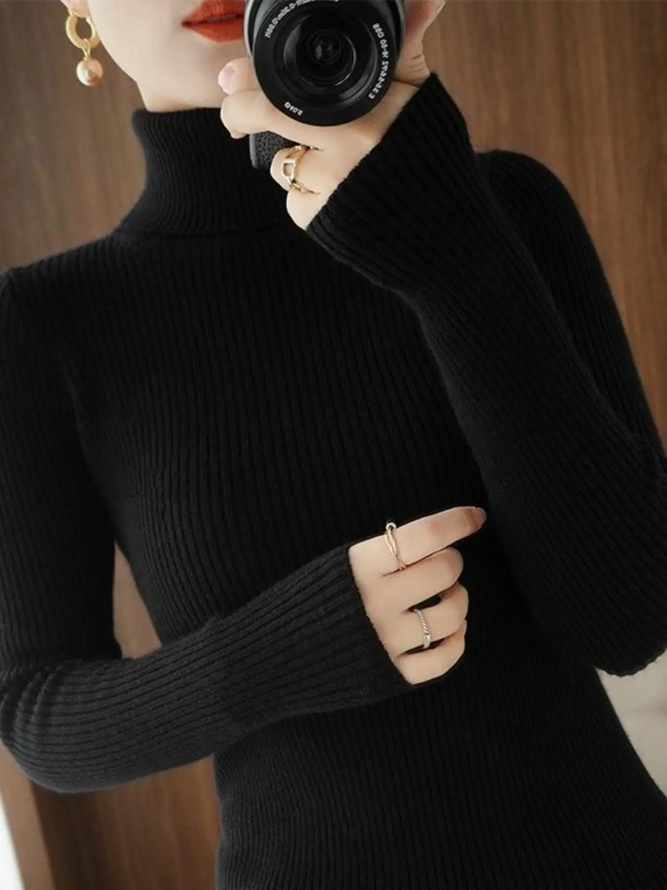 Women's Ribbed Knit Turtleneck Sweater|Fit Thumbhole Long Sleeve Pullover |Stretch Fabric | Fit Mock Neck Pullover | Fall Winter Basic Layering Top | Minimalist