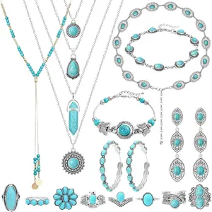 20 Pieces Silver Bohemian Jewelry Set for Women Fashion Costume Jewels Turquoise Necklace Bracelet Ring Earrings Western Turquoise Jewelry Set for WomenGift.