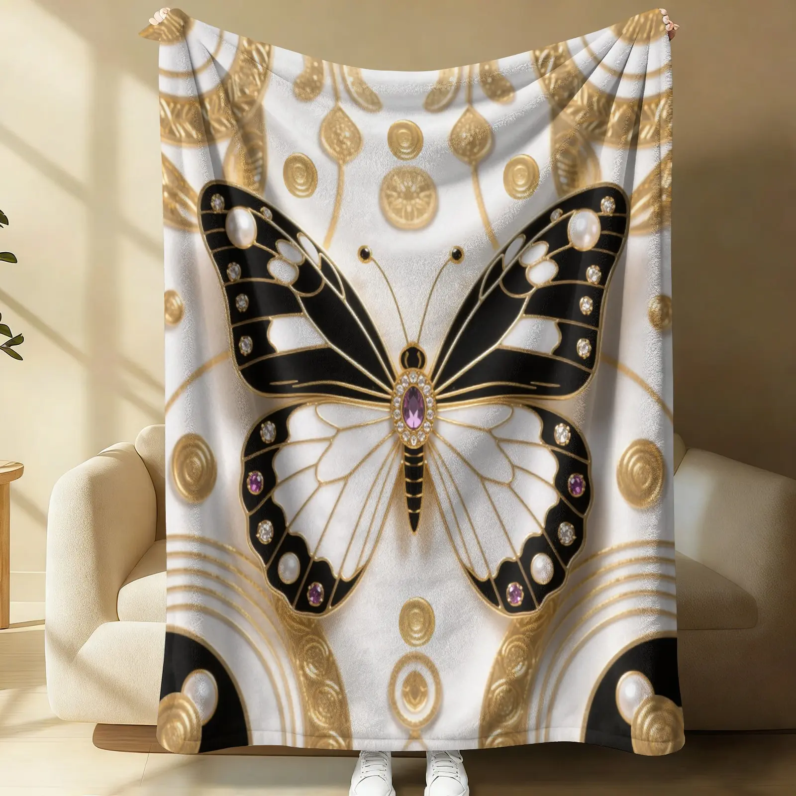 Luxury Gold Butterfly Rose Flannel Blanket, Soft Warm Plush, Digital Print, Ideal for Bedroom Sofa, Gift for Women, Elegant Glam Boujee Style Gift Blanket, Cozy for Couch Bed Sofa