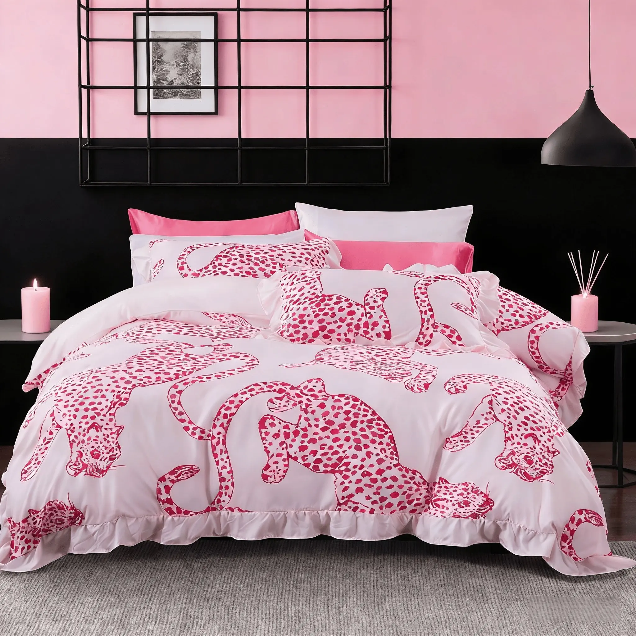 3Pcs Cute Pink Leopard Print Ruffled Duvet Cover Set, Leopard Bedding Set, 1 Duvet Cover + 2 Pillowcases (No Insert/Filler), Zipper Closure, Soft Cozy Fabric, Comfy Bed Sets, Ideal Gift for Girls