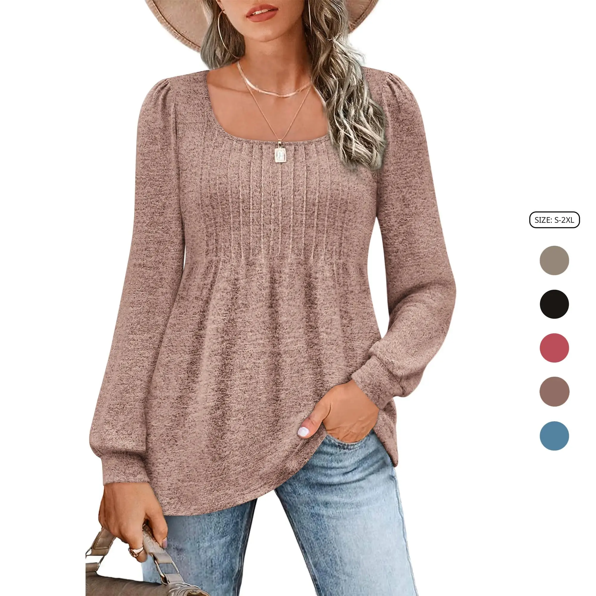 Imily Bela Womens Tunic Tops Trendy Puff Long Sleeve Shirts Square Neck Pleated Dressy Casual Blouses