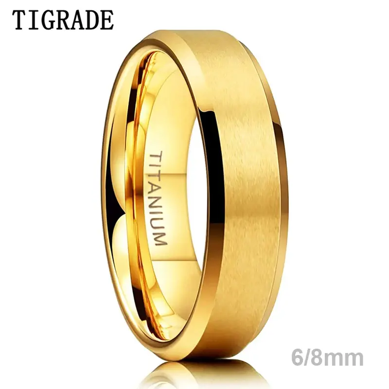 Pure Titanium Wedding Band, 6MM & 8MM Brushed Matte Gold Ring, Hypoallergenic Comfort Fit Jewelry for Men and Women