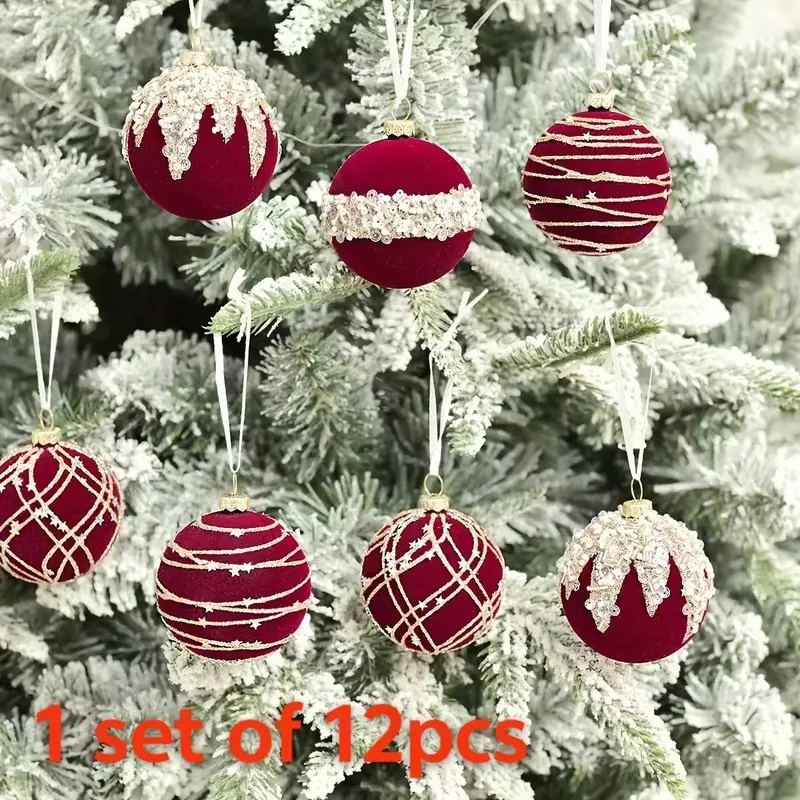 1 set of 12pcs velvet Christmas balls with glitter, luxurious classic colors with silver glitter details, specially designed for holiday celebration, New Year decoration, home daily decoration and decorative scenes.