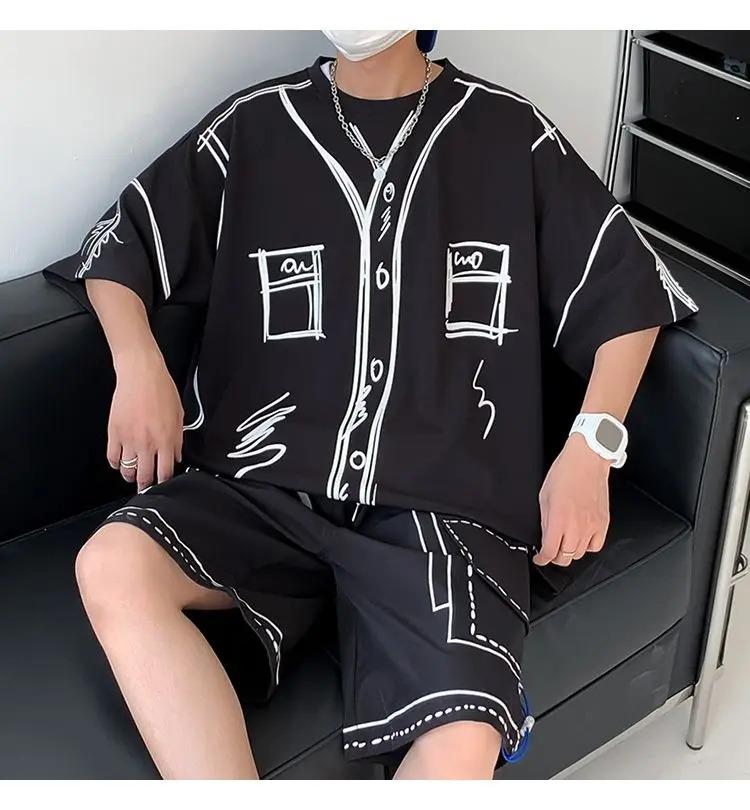 Summer Elegant Fashion Harajuku Slim Fit Ropa Hombre Loose Casual All Match Sports Suit Ice Shreds Short Sleeve Two Piece Set