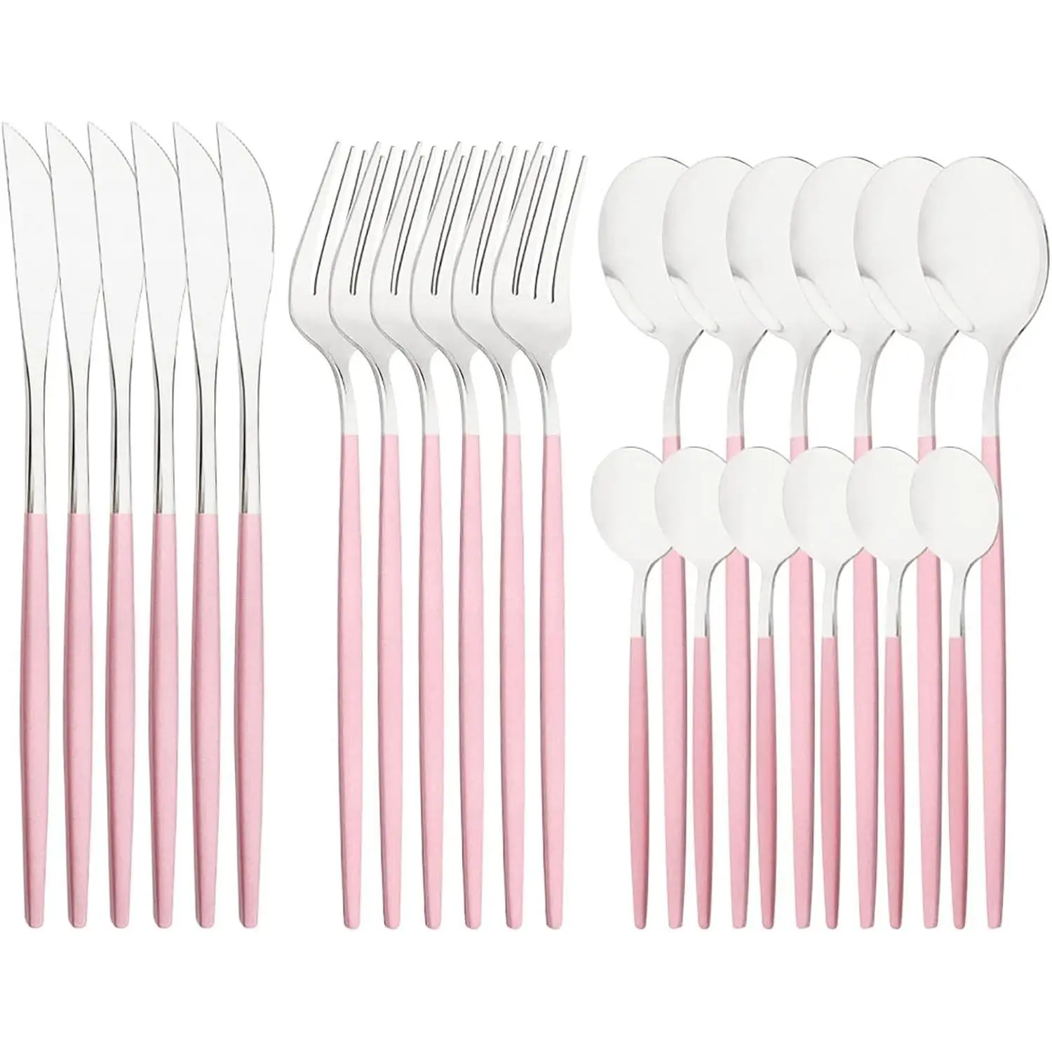 24-piece 18/0 Stainless Steel Cutlery Serving Set, Silverware With Pink Handle Simple Modern Tableware For Home Party Restaurant Christmas Dinner, Service For 6 (Pink Silver)