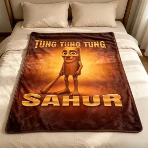 Tung Tung Sahur Cartoon Figure Print Flannel Throw Blanket Casual Soft Cozy Lightweight Plush Blanket For Bedroom Sofa Bed Adult And Children Ramadan Meme Lovers Gift Muslim Holiday Decor All Seasons Home Textile Bedding Duvet Bed Sheets Comforter Set Coo
