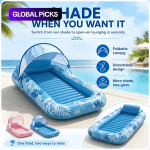 Inflatable Pool Lounger Float with Canopy, 208x130x20cm Pink PVC Recliner Raft, Foldable Floating Bed with Pillow, Swimming Float, Cup Holder & Water Spray Feature, Sunbathing Pool Float for Adults, Beach, Lake, Backyard & Summer Pool Party