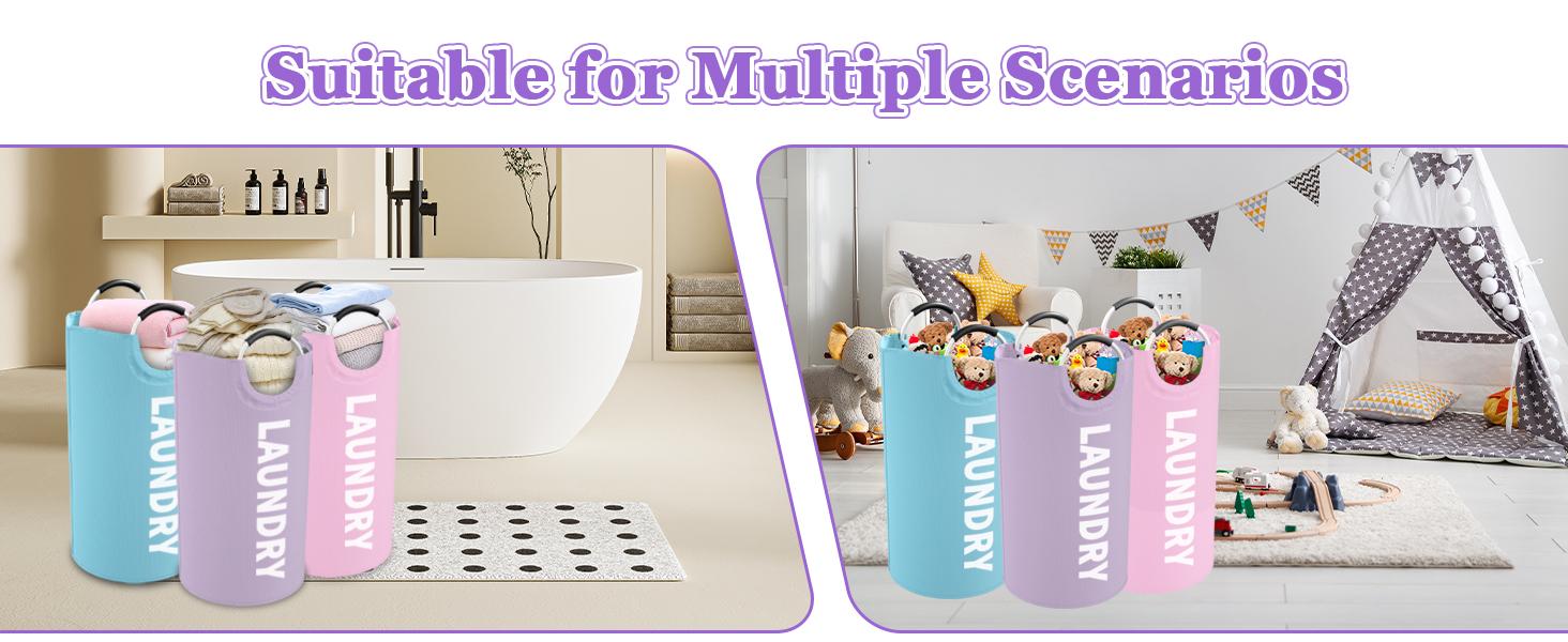 3PCS 95L Laundry Basket, Collapsible Clothes Hamper with Handle, 600D Cloth Laundry Bin, Stand-alone Dirty Clothes Hamper for Livingroom, Bedroom,, Pink+Blue+Purple