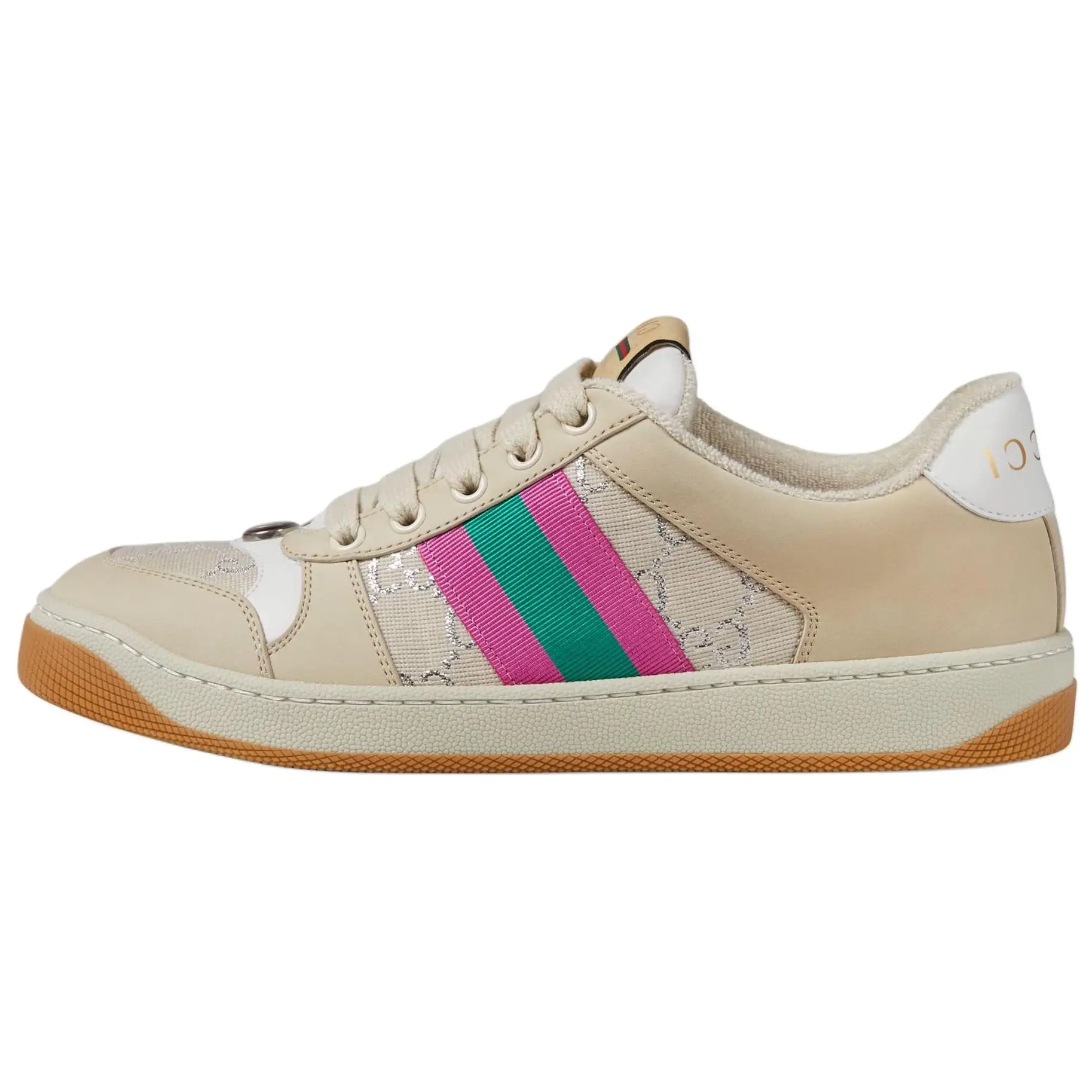 Gucci Screener Dirty Sneakers – Leather Lace-Up Low-Top Fashion Shoes for Women in Beige Verifiable, with credentials and supporting global authentication