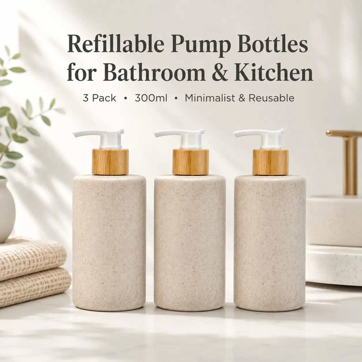 3 Pack 300ML Soap Dispenser Bottles, Wheat Straw Flat Shoulder Pump, Ideal for Shower, Shampoo, Hand Wash, Lotion & Body Wash