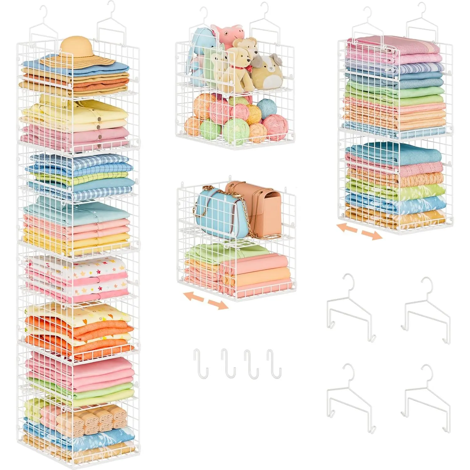 8-Tier Extended Depth Hanging Closet Organizers and Storage for Closet System, Stackable Closet Shelves with 4 Adjustable Dividers for Clothes Sweaters Purses, Wire Hanging Basket Fits Closet Laundry