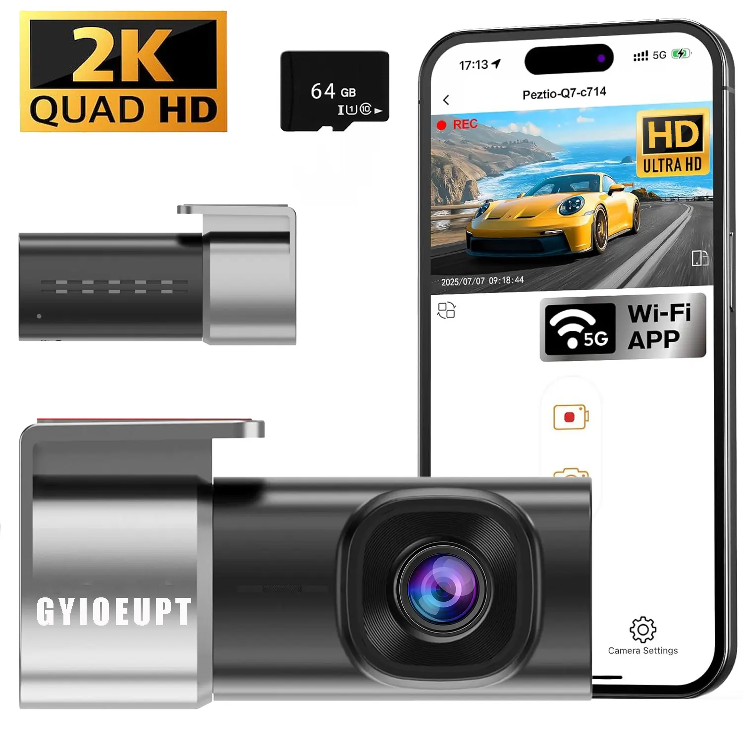 2K Dash  FHD Ultra Slim Wired  Driving Recorder 5G WiFi App Control 24 Hour Parking Mode Loop Recording 64GB Card Included Quad HD Hidden  Camera  Accessories  Gadgets Vehicle  Road Trip Essentials  Interior Accessories For All