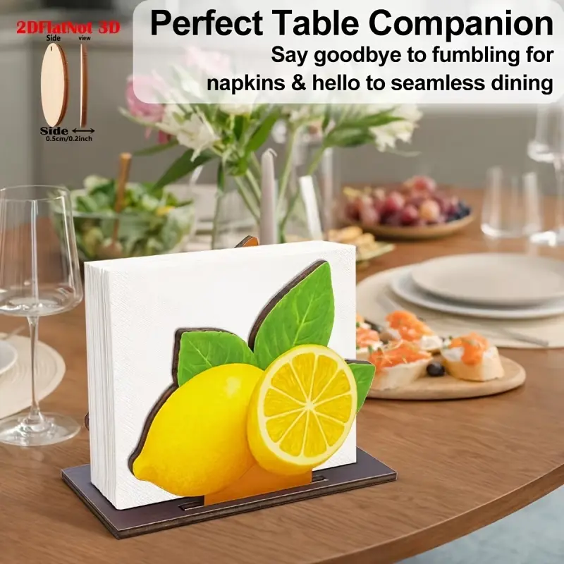 2D Flat, Summer Lemon Rustic-style Wooden Napkin Holder, Suitable for Dining Tables, Table Setting, Ideal for Farm Kitchens, Restaurant Decor, Decorative Ornaments, Napkin and Paper Towel Dispensers, Holiday Decoration Gifts