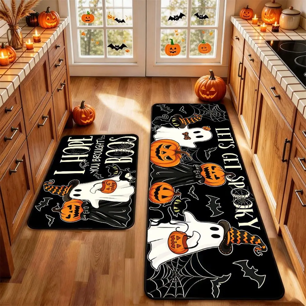 2Pcs Holloween Kitchen Bathroom Rug Mat BOO Terrifying Skeleton Horror Pumpkin Bat Spider Web Wizard Floor Mat Set, Bathroom Mats Set, Farmhouse Non Slip Fall Decor Home Decor Rug
