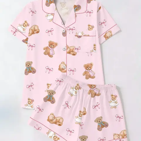 Cute Bear Bowknot Print Pajamas Set, Short Sleeve T-Shirt and Shorts Cardigan Two-Piece, Casual Homewear Loungewear for All Seasons