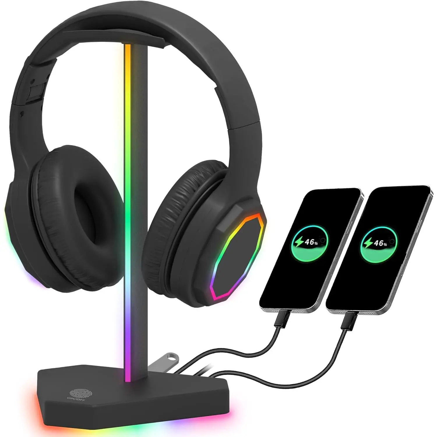 RGB Headphones Stand with 1 USB-C Data Transmission& 3 Type-C  Port, Desk Gaming Headset Holder with 7 Light Modes and Non-Slip Rubber Base (Black)