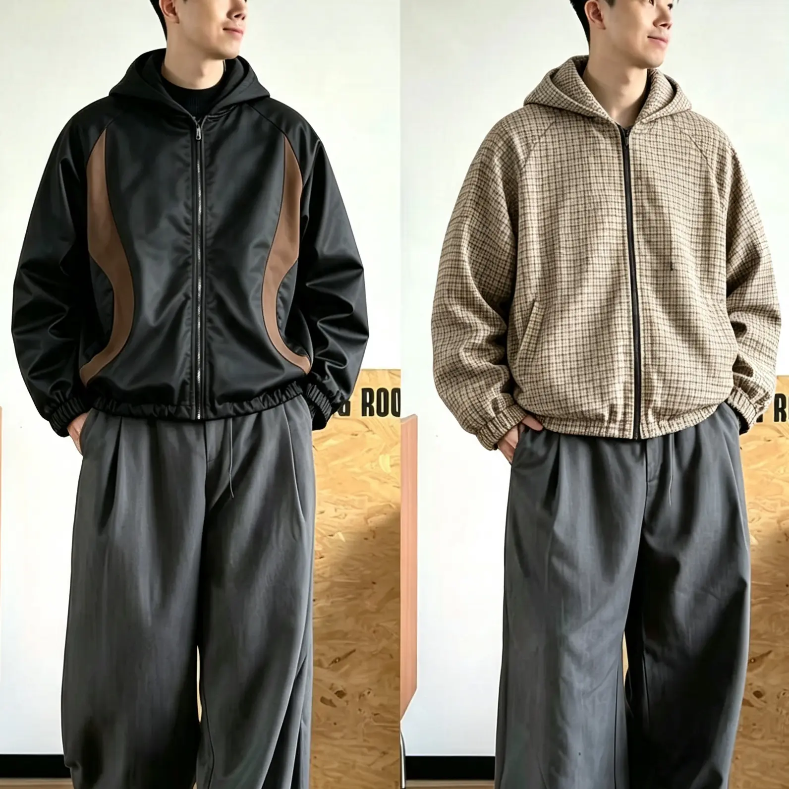 Men's Lightweight Fully Reversible Hooded Jacket - Side A: Shiny Black Fabric with Wavy Brown Panel (Street Sport Style), Side B: Vintage Beige Plaid Tweed (Casual Japanese Vibe), 2 Distinct Looks in 1 Piece for Wardrobe Space & Cost Savings