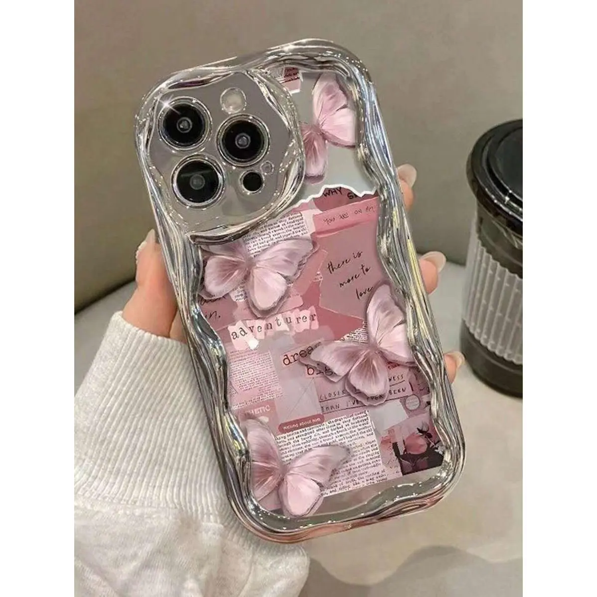Wavy Electroplated Mirror Phone Case, Pink Butterfly Collage Print Makeup Mirror Protective Cover, Raised Camera Lens, Soft Shockproof Anti-Drop Shell, Sweet Girl Aesthetic Case For Girls