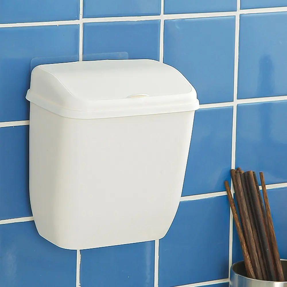 Plastic Wall-Mounted Trash Can with Lid, No-Drill Adhesive Design, Easy Installation for Kitchen and Bathroom, Convenient Waste Bin