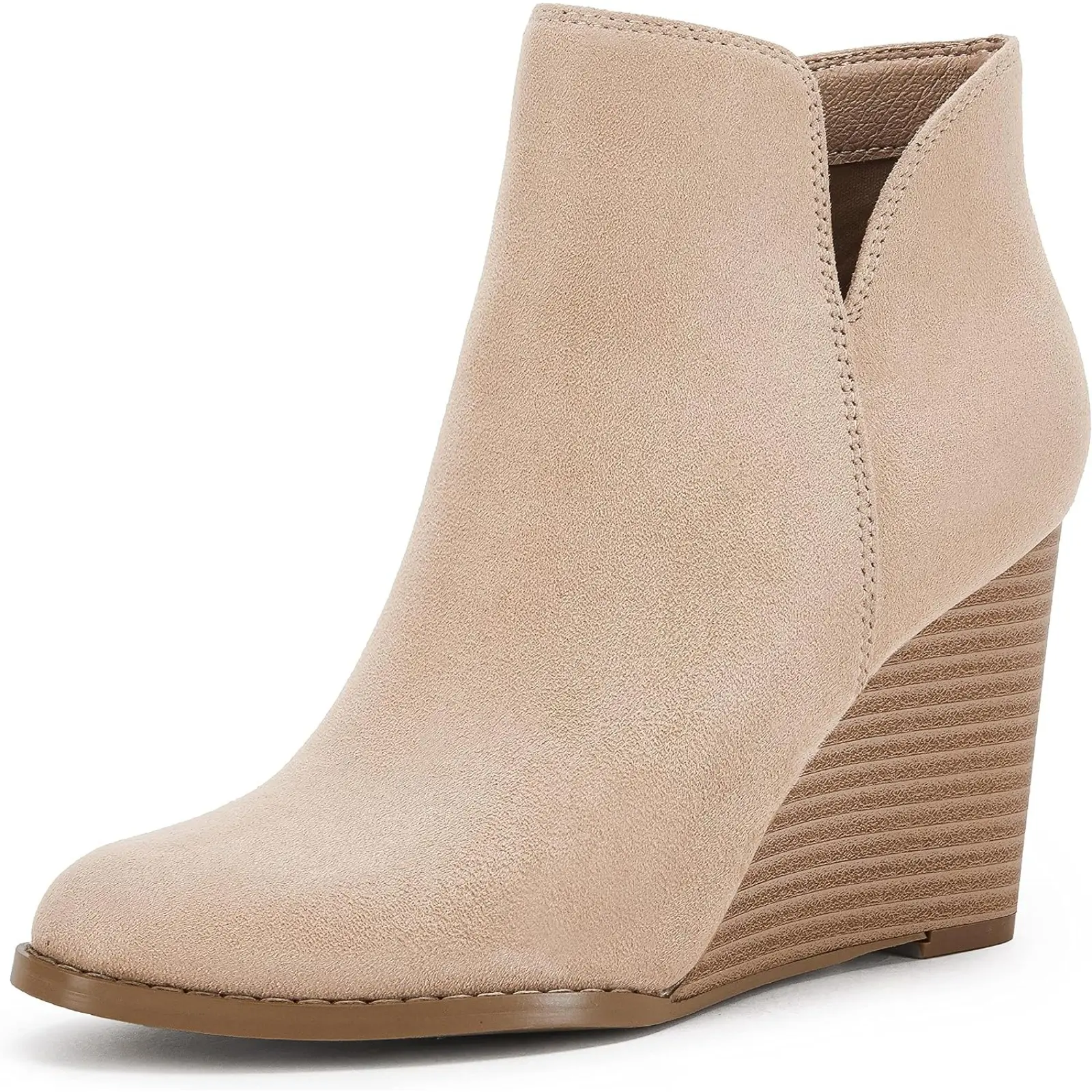 Coutgo Women's Chic V-Cut Wedge Ankle Booties in Faux Suede with a Flexible Side Zip for All Seasons Wear, Basic