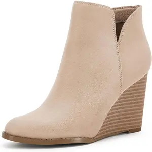Coutgo Women's Faux Suede Ankle Booties, V-Cut Closed Toe Winter Footwear with Stacked Wedge Heel, Side Zipper and Rubber Sole