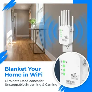 Covering 1500 feet of whole house WiFi, 1200Mbps high-speed extender, 6 high gain antennas+dual band (5GHz/2.4GHz) signal enhancement, equipped with Ethernet ports, easy to connect multiple devices, plug and play, say goodbye to dead corners.