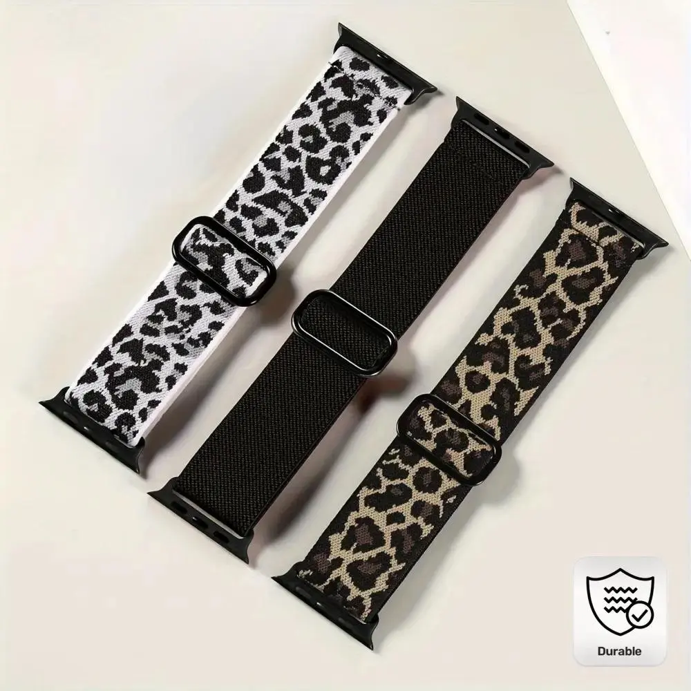 Women's 3-Pack Smartwatch Compatible Bands - Adjustable Stretchy Nylon, Leopard Print & Solid Designs, Durable Breathable, for Daily Wear & Workout, Mob Wife Aesthetic Wristbands, Wearable, Accessories, Oxford, 3-Pieces, Stretchy Fit