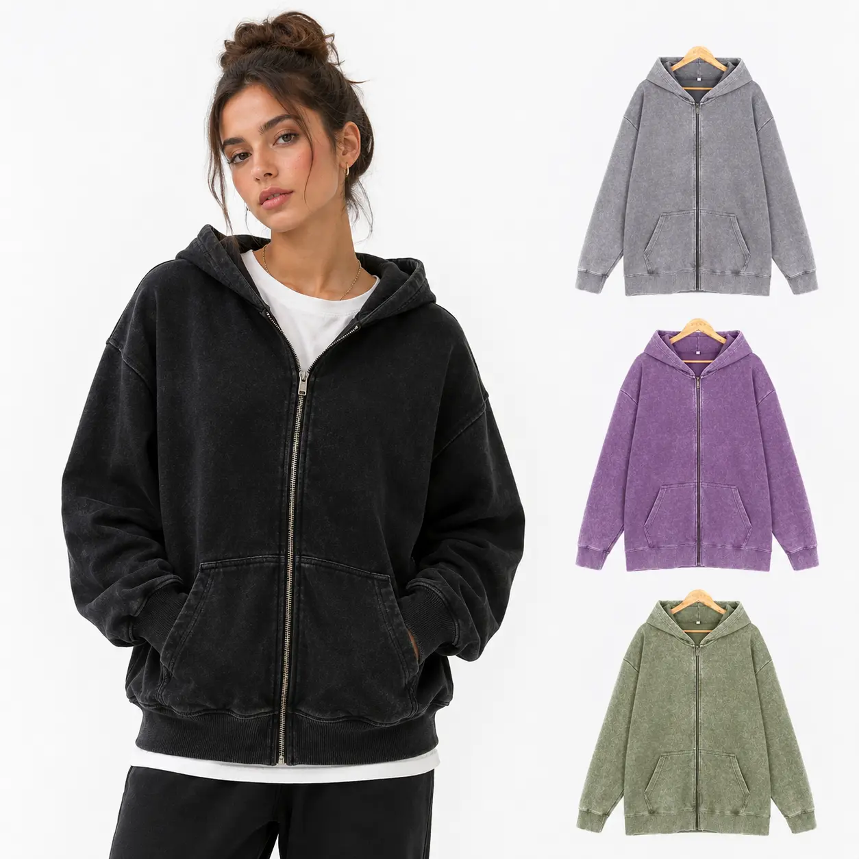 Women's Full-Zip Neck Washed Fabric Hoodie, 400g Heavyweight Retro Look Longsleeves Top, Unisex Casual Streetwear Jacket, Tops, Cold Wash, Unisex Fit
